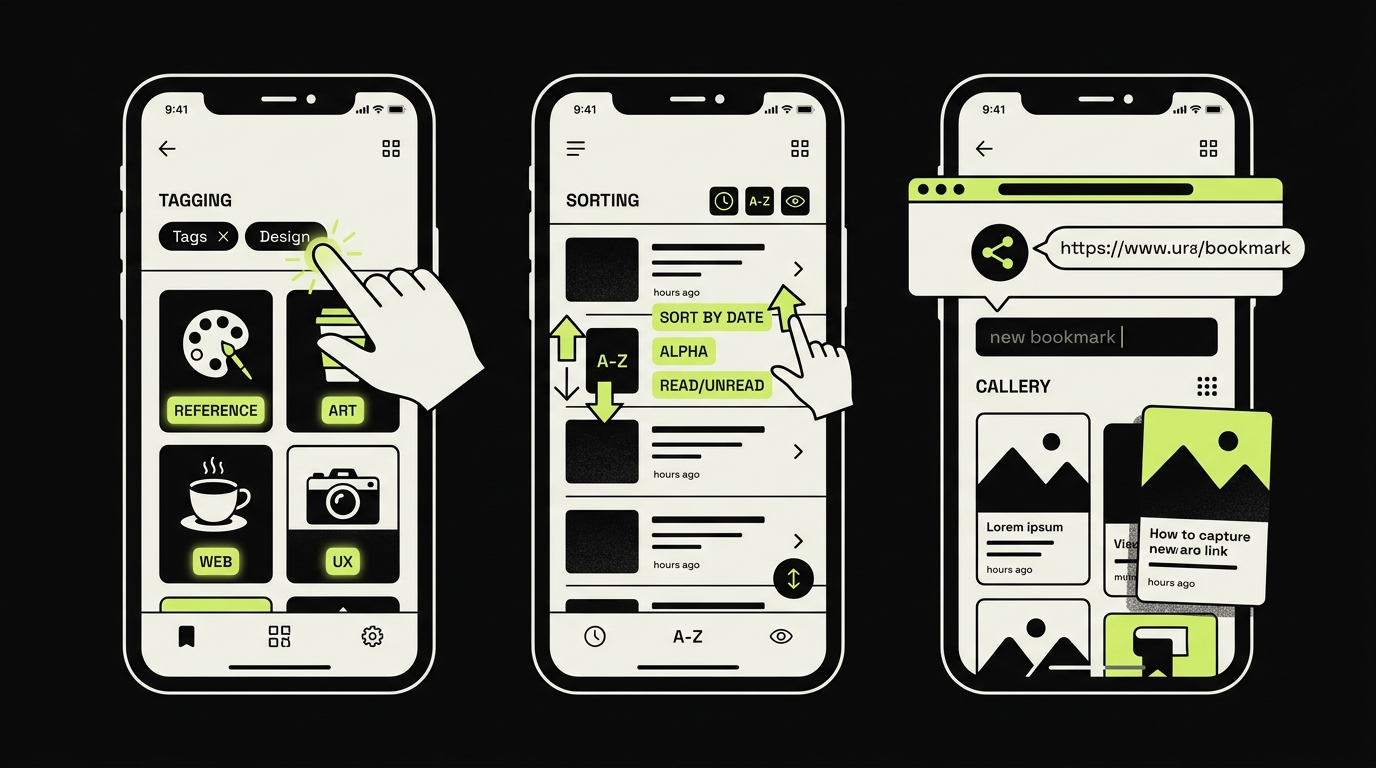 Comparison of iPhone bookmark organizer apps showing tagging, sorting, and capture features side by side