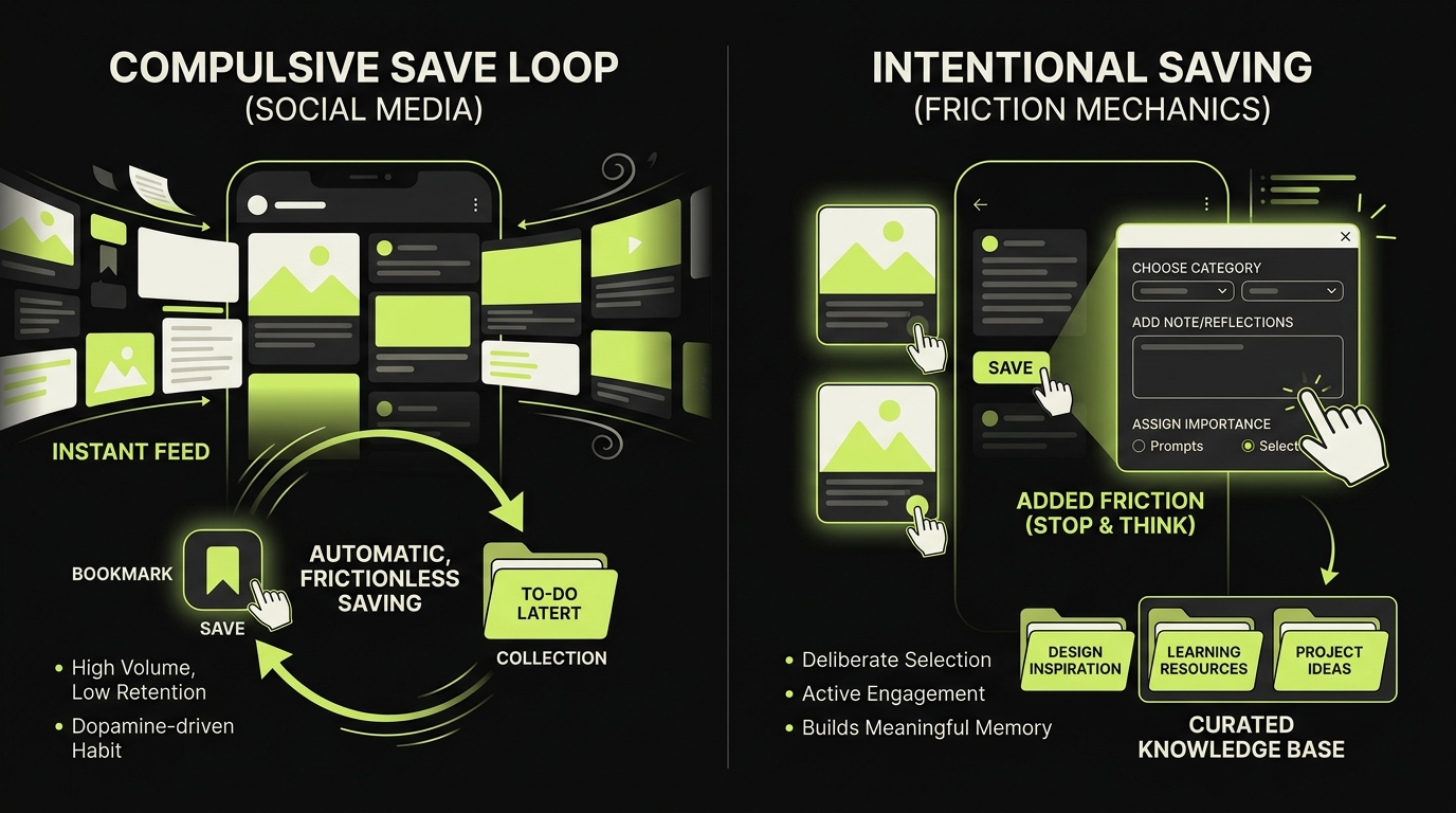 Screenshot illustrating the compulsive save loop on social media versus intentional saving with friction mechanics
