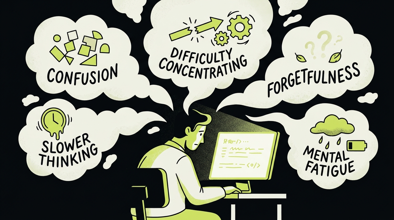 Illustration of a person staring at a screen, surrounded by thought clouds representing brain fog symptoms