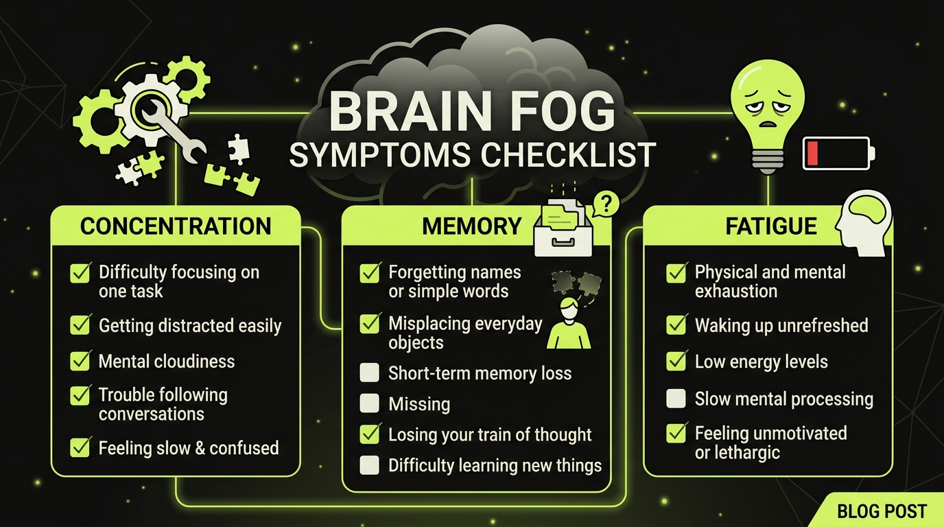 Brain fog symptoms checklist showing concentration, memory, and fatigue indicators on a clean visual layout
