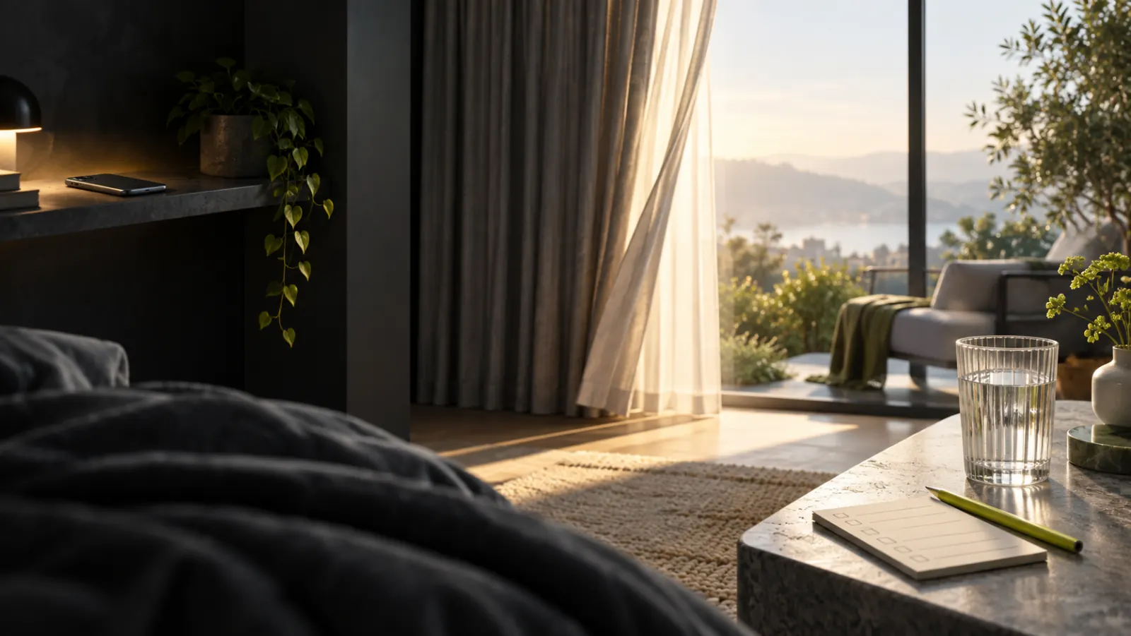 Morning bedside scene with a phone placed beyond reach, illustrating the cue behind automatic checking
