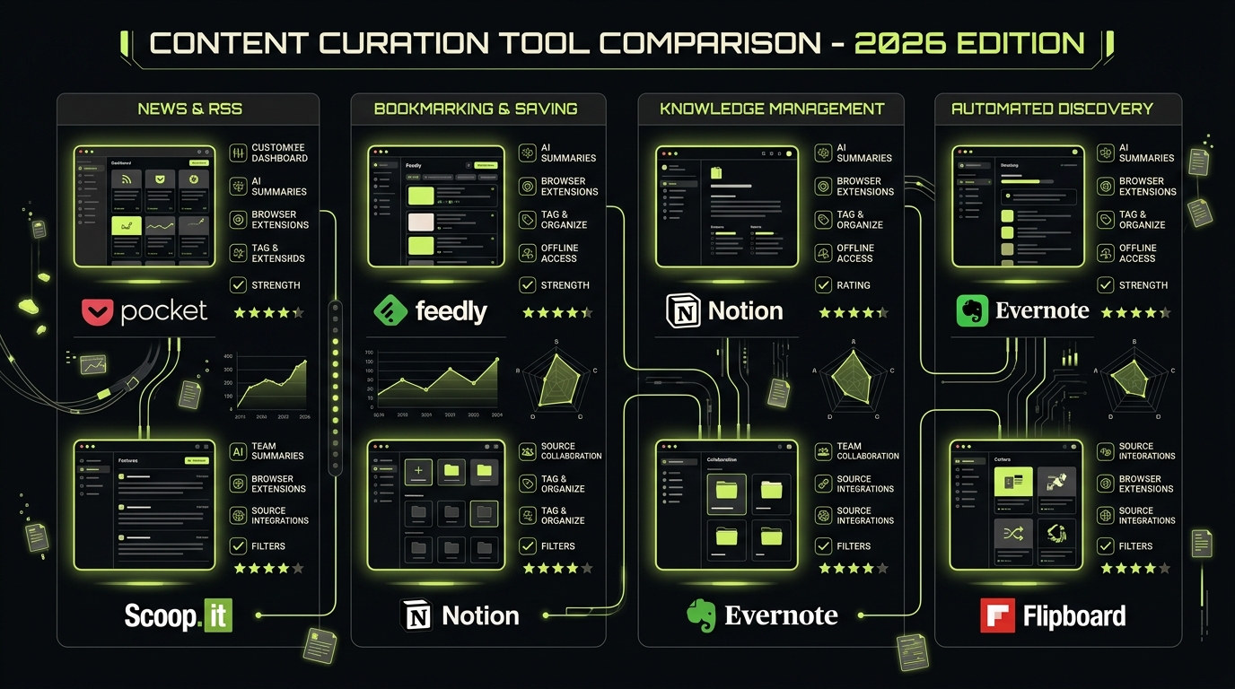 Comparison chart of popular content curation tools and their core features in 2026