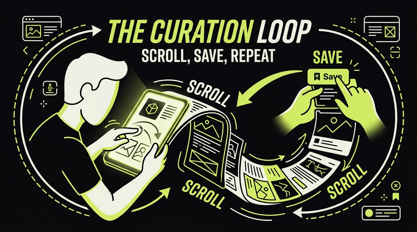 Illustration of the scroll-save-scroll loop that most content curation apps reinforce