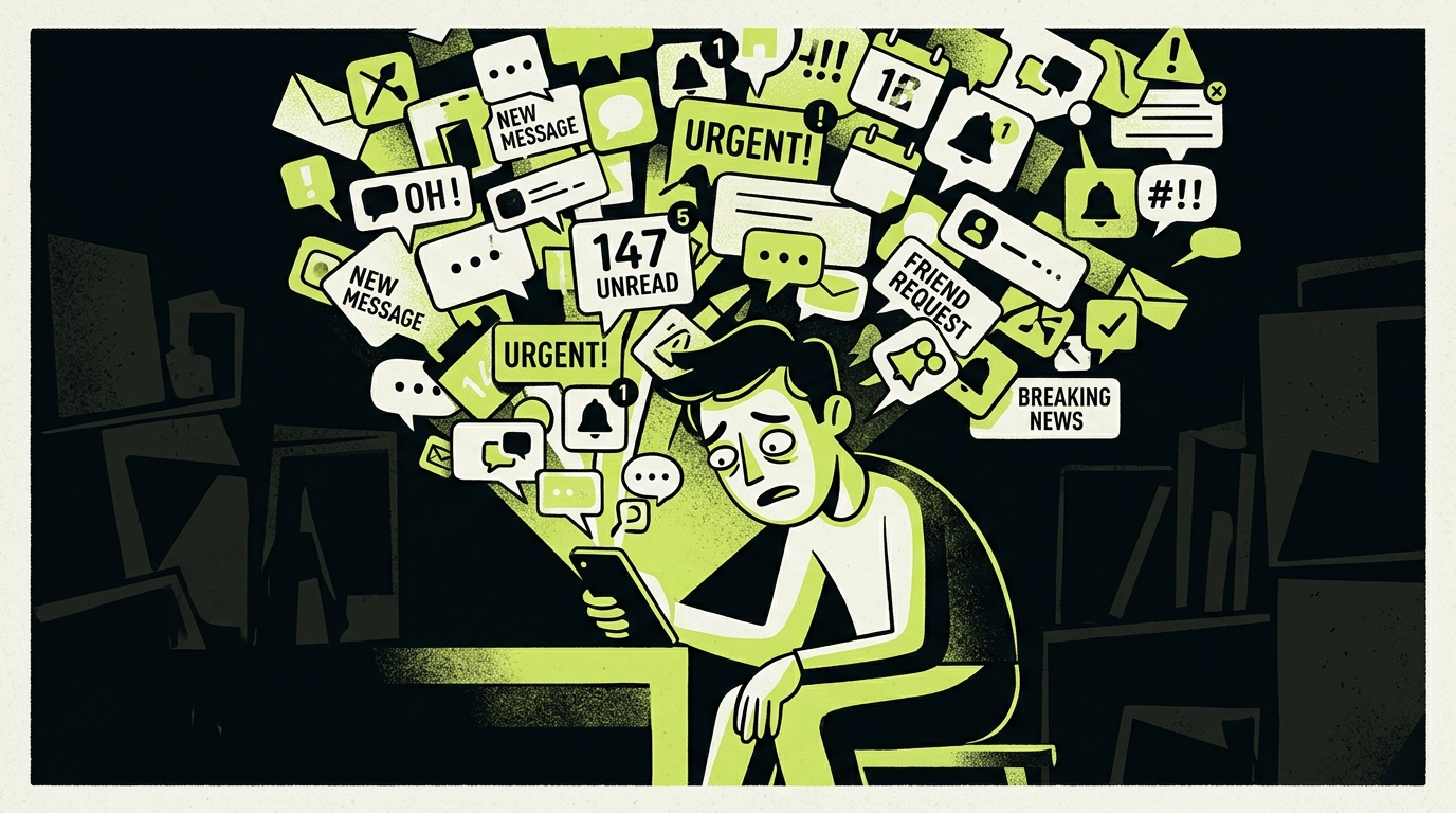 Person looking at a phone screen with notification overload, illustrating the problem a digital detox challenge solves