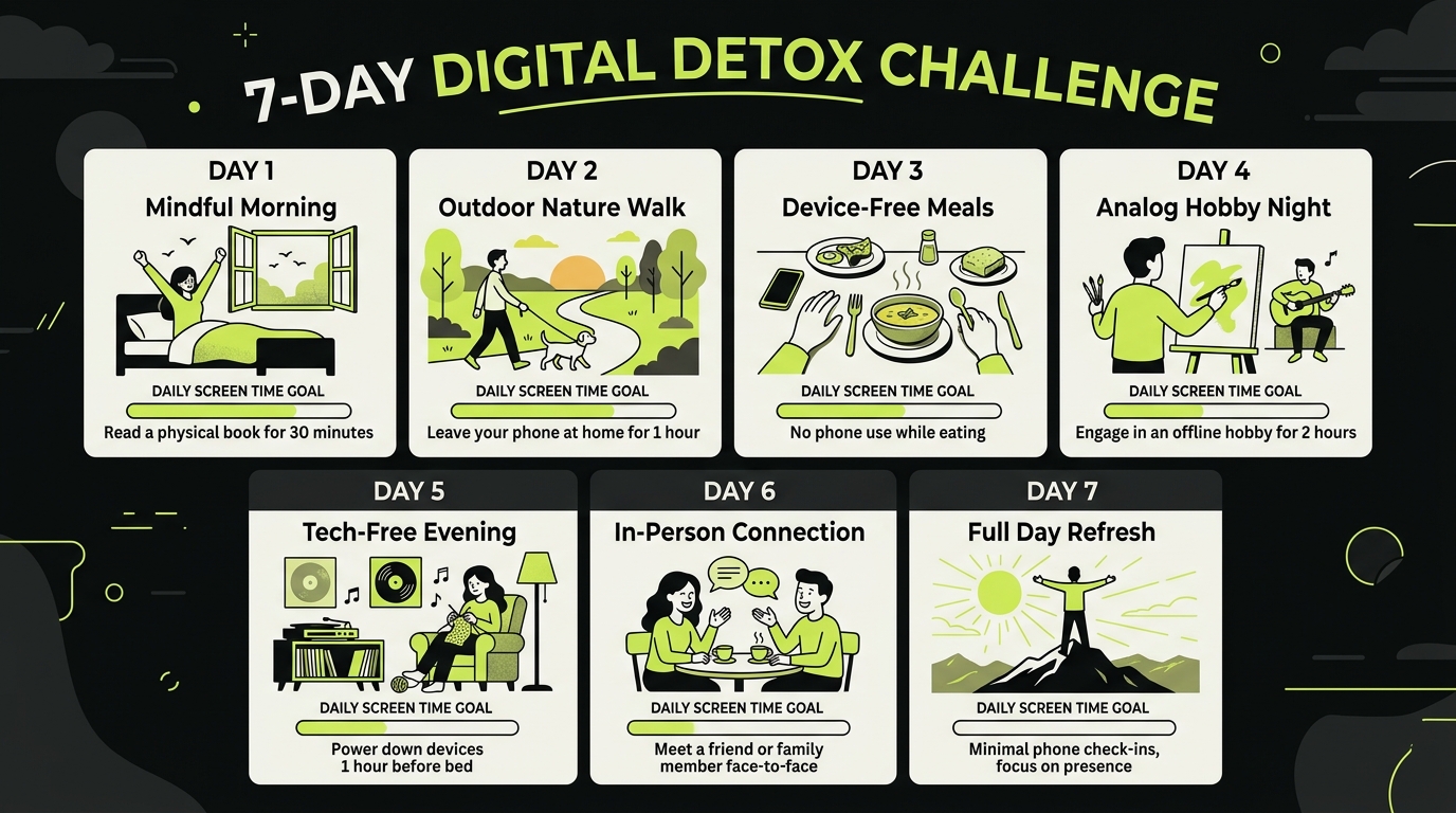 7-day digital detox challenge calendar showing daily phone-free habits and screen time goals