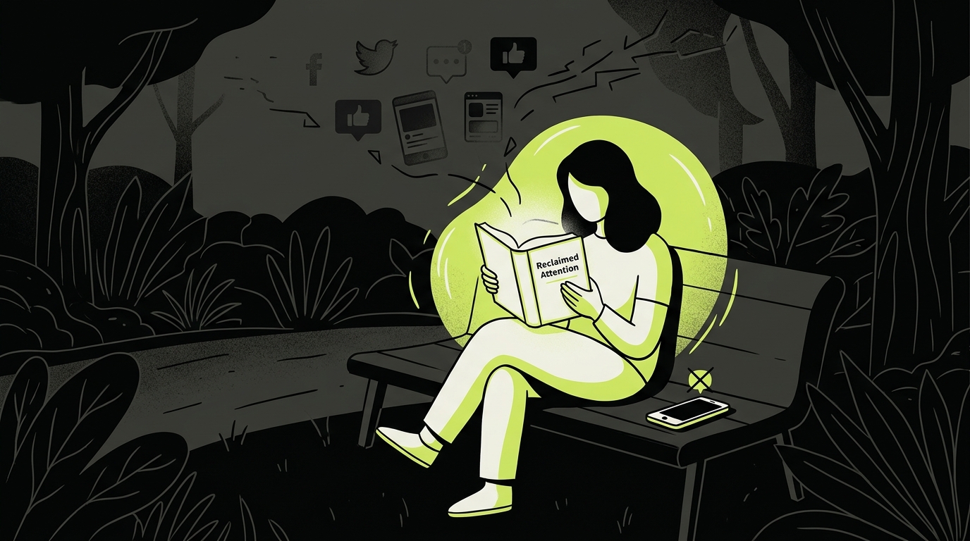 Person reading a physical book outdoors during a phone-free challenge, symbolizing reclaimed attention