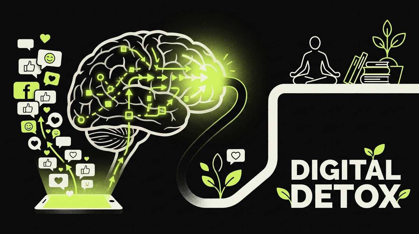 Illustration of a brain with dopamine pathways highlighted, representing phone addiction and the need for a digital detox
