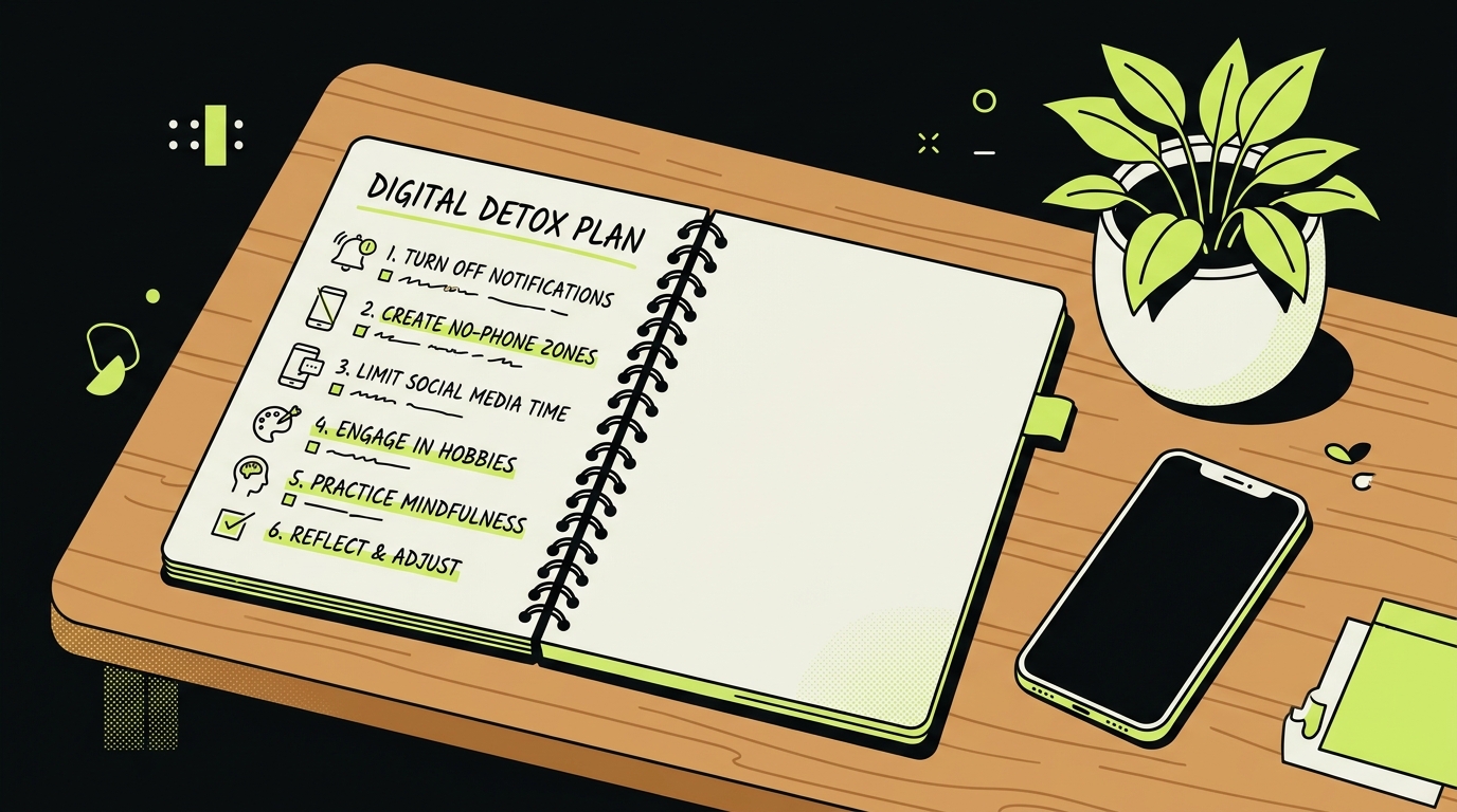 Step-by-step digital detox plan laid out on a clean desk with a notebook, plant, and phone placed face-down