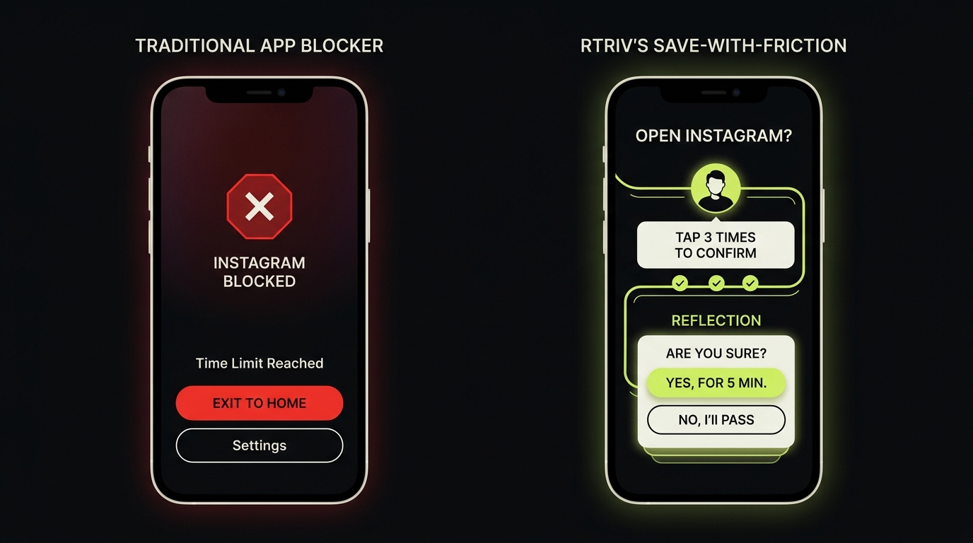 Side-by-side iPhone screens comparing app blocker interface with Rtriv's save-with-friction interface