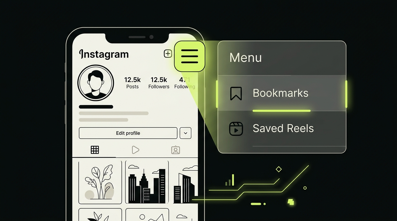 Instagram profile screen highlighting the three-line menu where saved reels and bookmarks are accessed