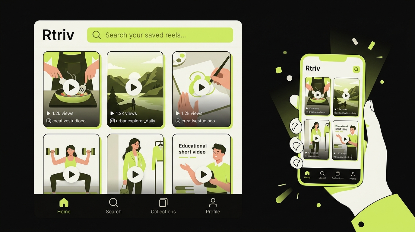 Rtriv iOS app interface showing a clean saved content library with searchable reels from Instagram