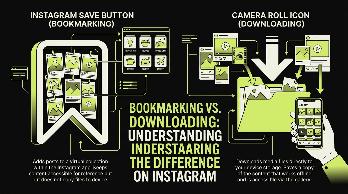 Instagram save button vs camera roll icon showing the difference between bookmarking and downloading IG posts