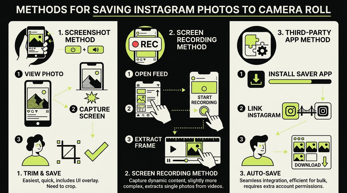 Step-by-step comparison of screenshot, screen recording, and third-party app methods to save instagram photos to camera roll