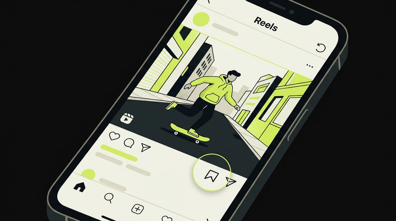 Instagram Reels feed on iPhone showing the bookmark and share icons below a video