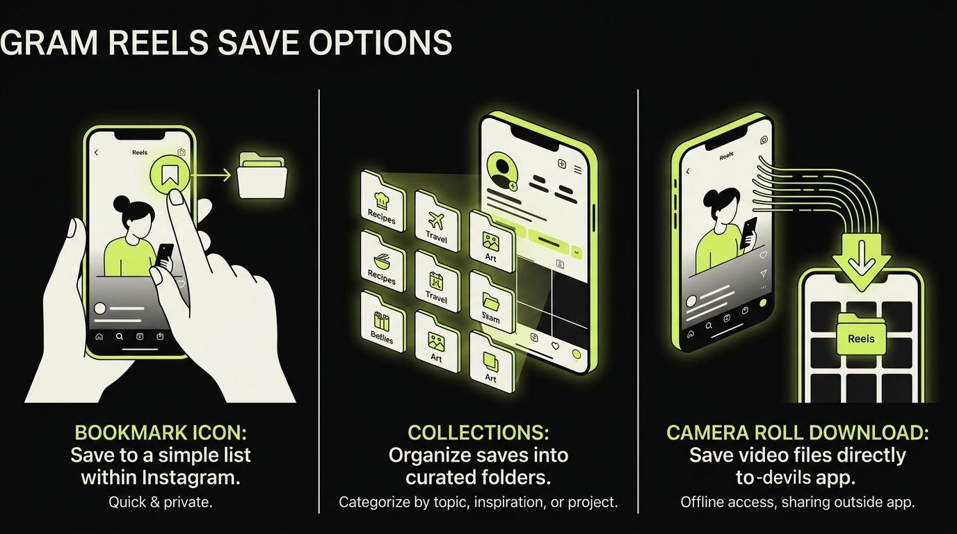 Comparison of Instagram Reels save options: bookmark icon, collections, and camera roll download