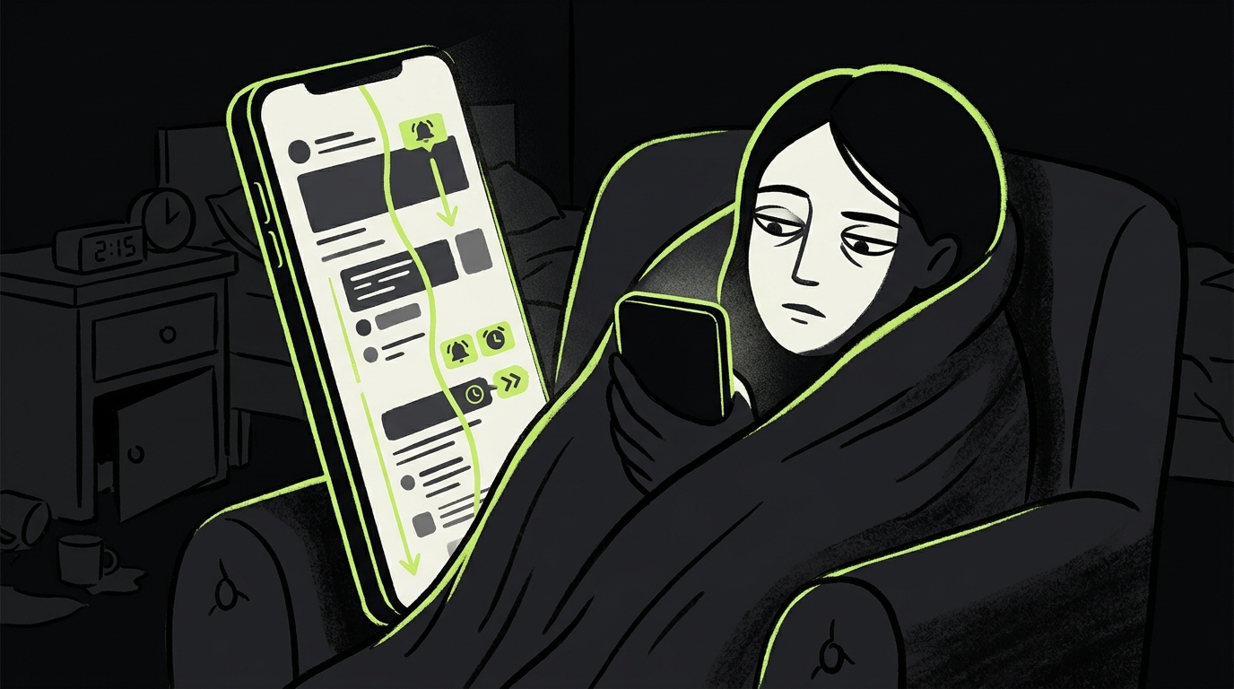 Person sitting in dim light, face illuminated by phone screen, representing compulsive doomscrolling behavior at night