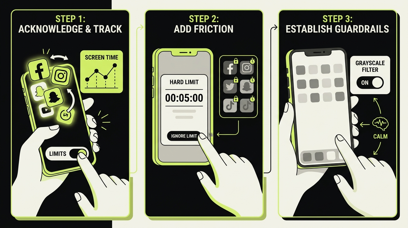 Step-by-step visual guide showing phone settings changes to reduce doomscrolling and stop compulsive scrolling