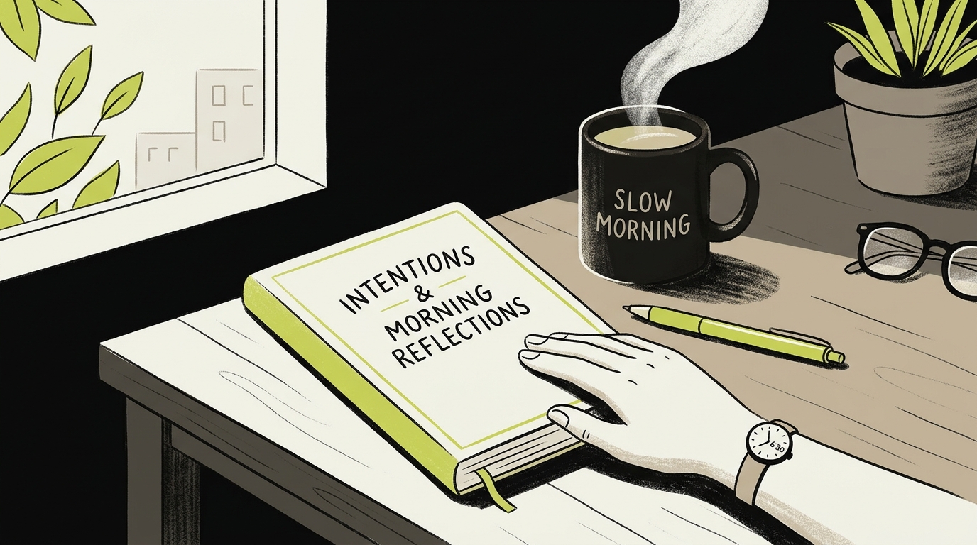 Calm morning desk setup with journal and coffee, symbolizing an intentional, doomscrolling-free daily routine