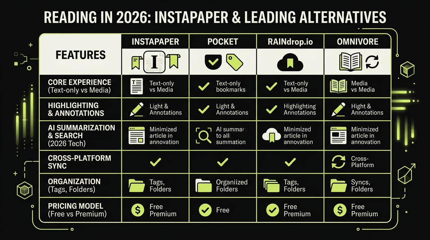 Comparison table showing Instapaper and its main read-later app alternatives side by side in 2026