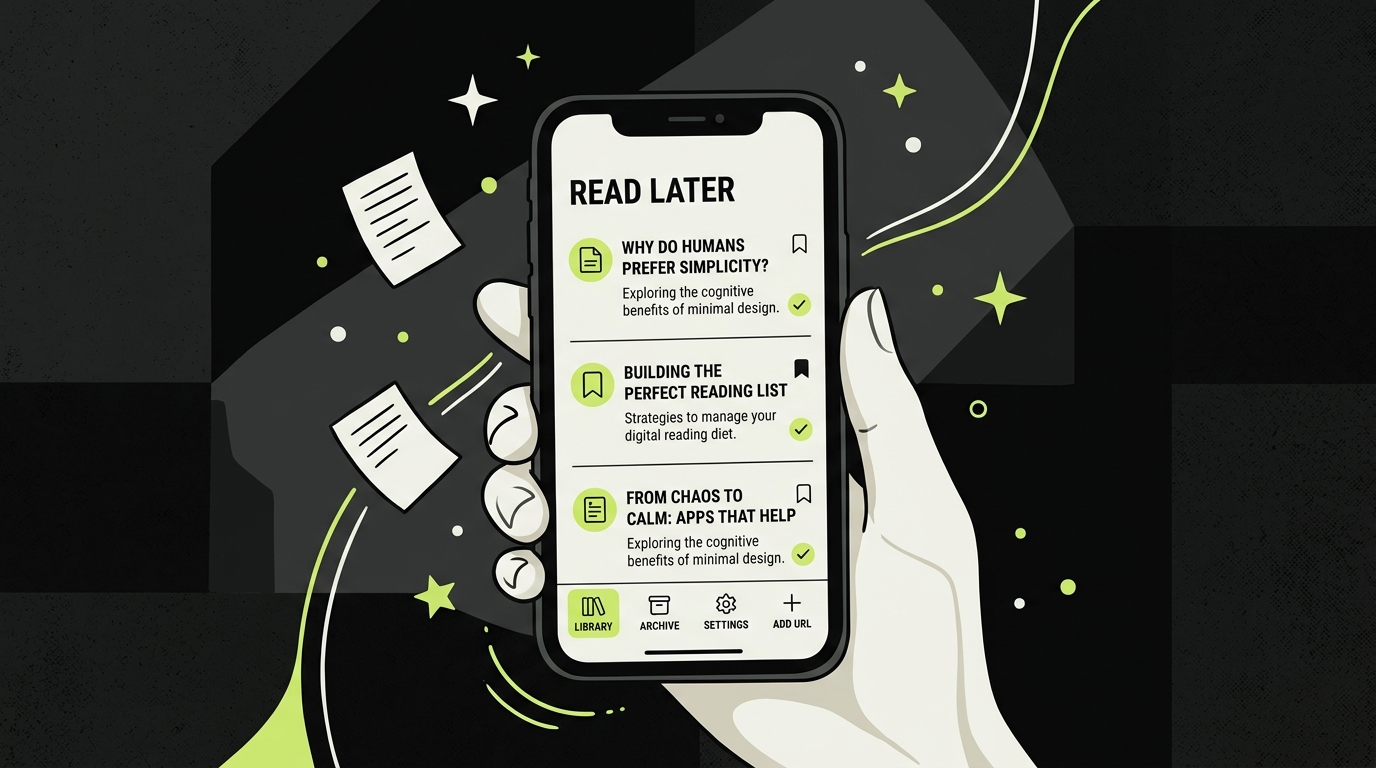 Screenshot of a minimal read-later app interface on iPhone, representing a free Instapaper alternative
