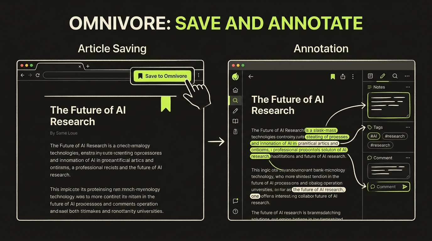 Screenshot comparison of the Omnivore app interface showing article saving and annotation features