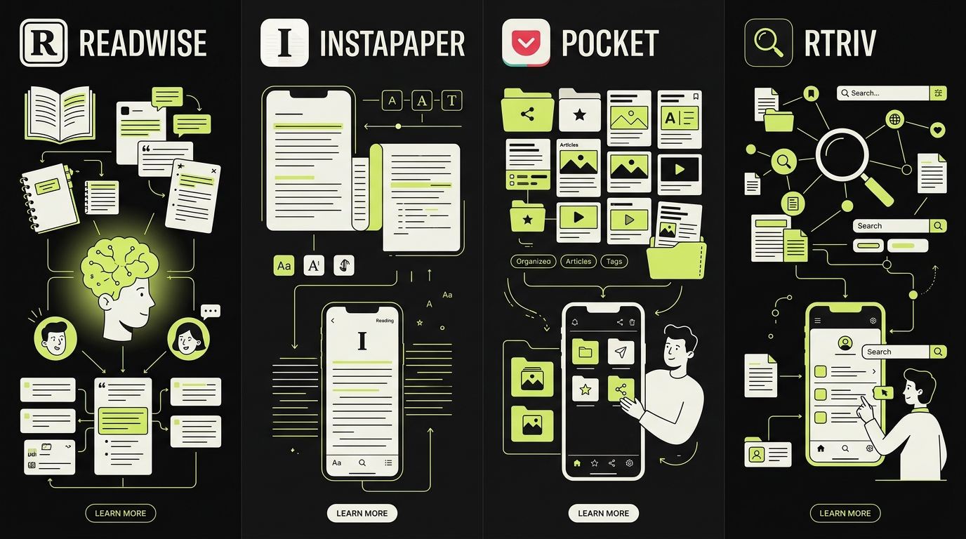 Side-by-side overview of Omnivore alternatives including Readwise, Instapaper, Pocket, and Rtriv for iPhone