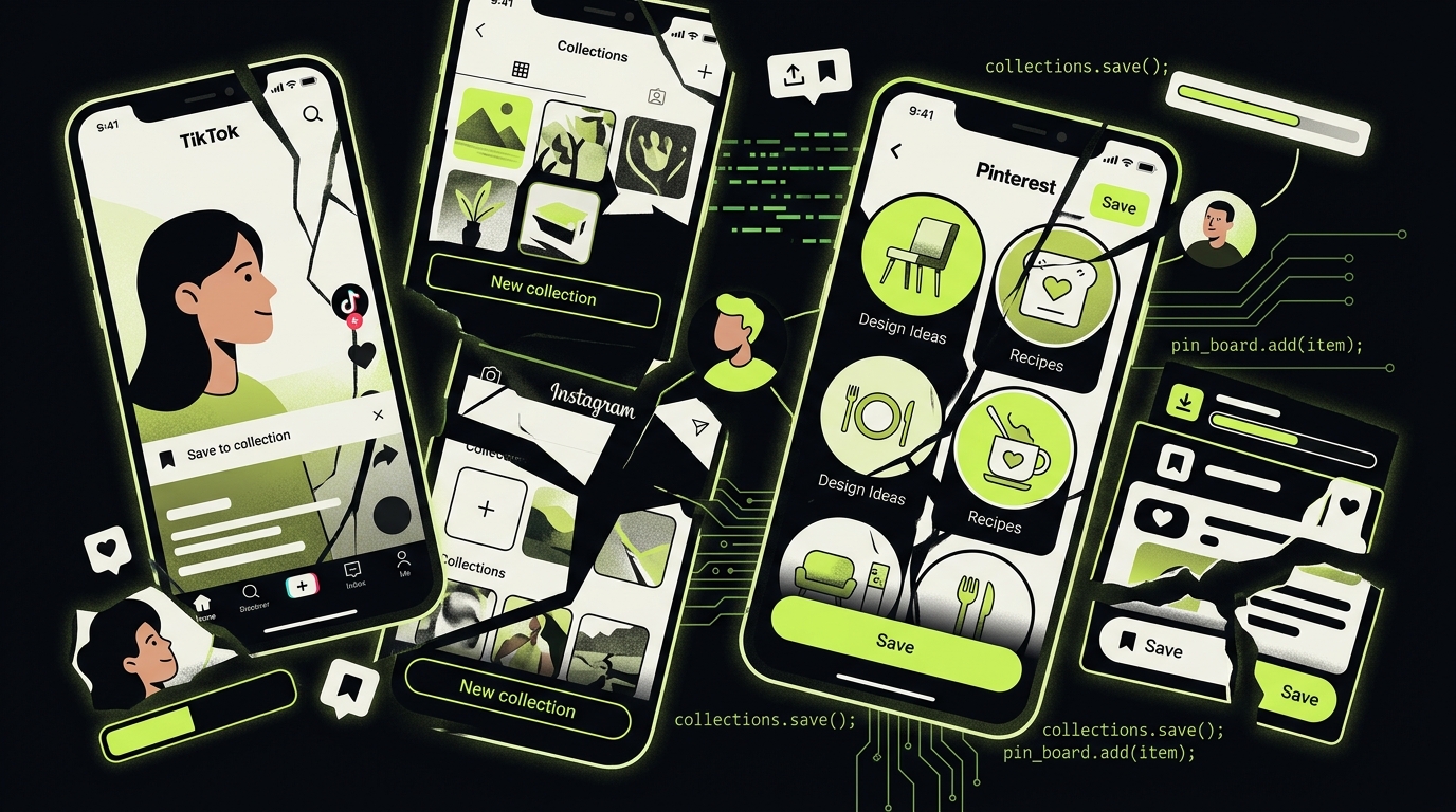 Screenshot of fragmented social media save features across TikTok, Instagram, and Pinterest apps on iPhone