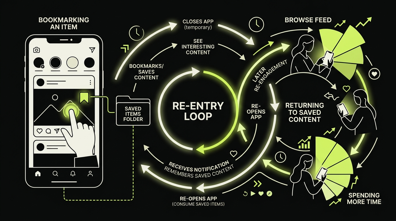 Diagram showing how native bookmarking inside social apps creates a re-entry loop and increases screen time