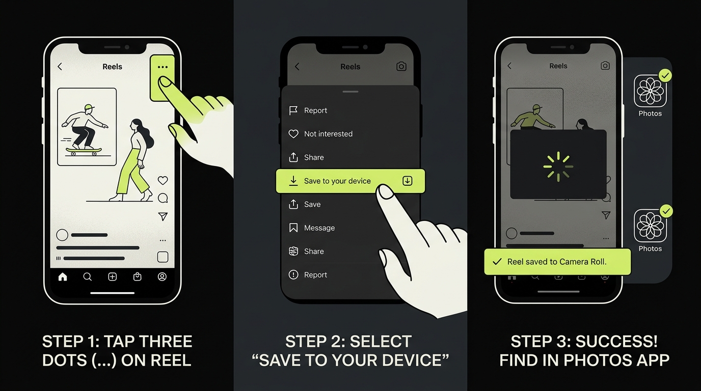 Step-by-step screenshot showing how to save Instagram Reels to camera roll on iPhone using the three-dot menu