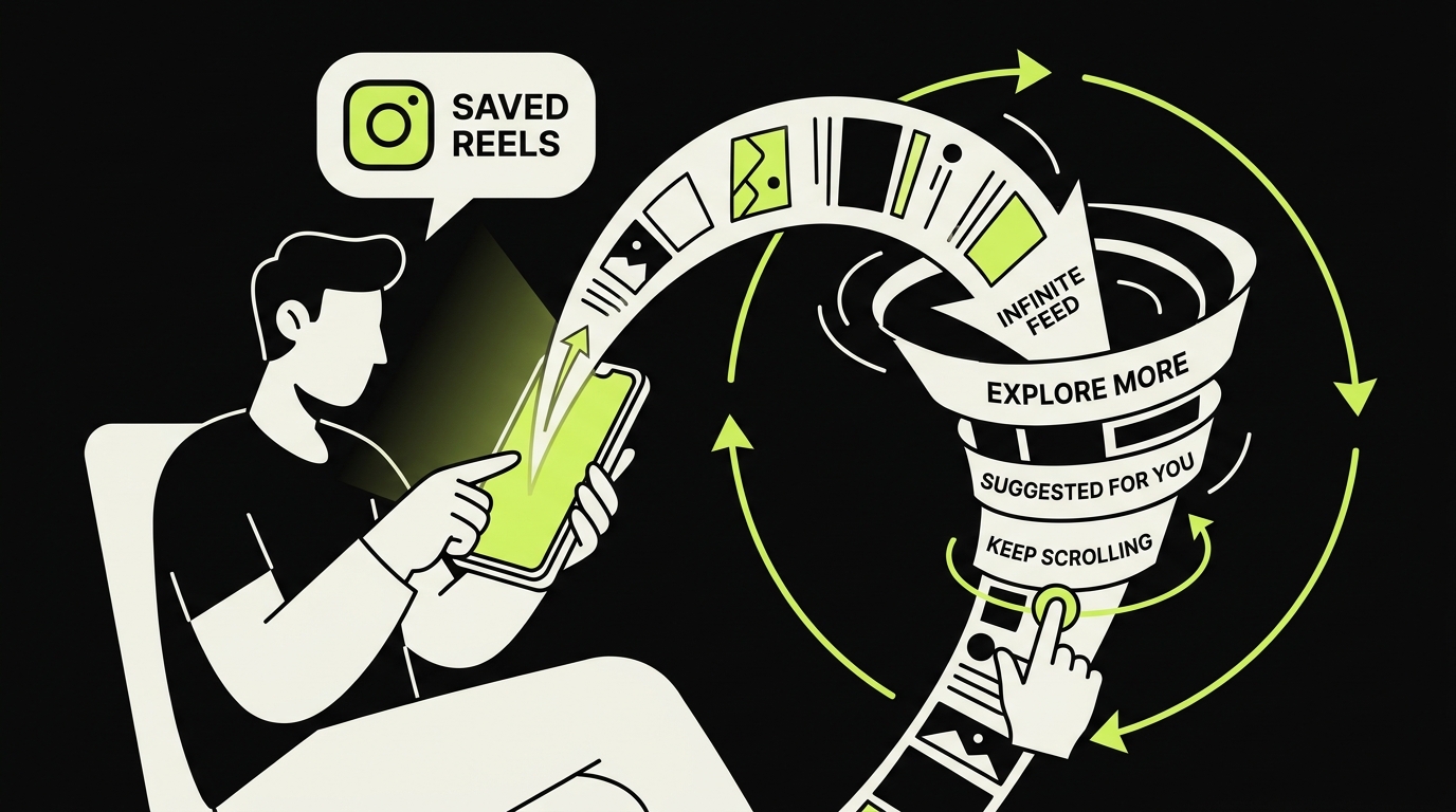 Illustration showing the psychological loop of opening Instagram to find a saved reel and ending up in a mindless scroll session