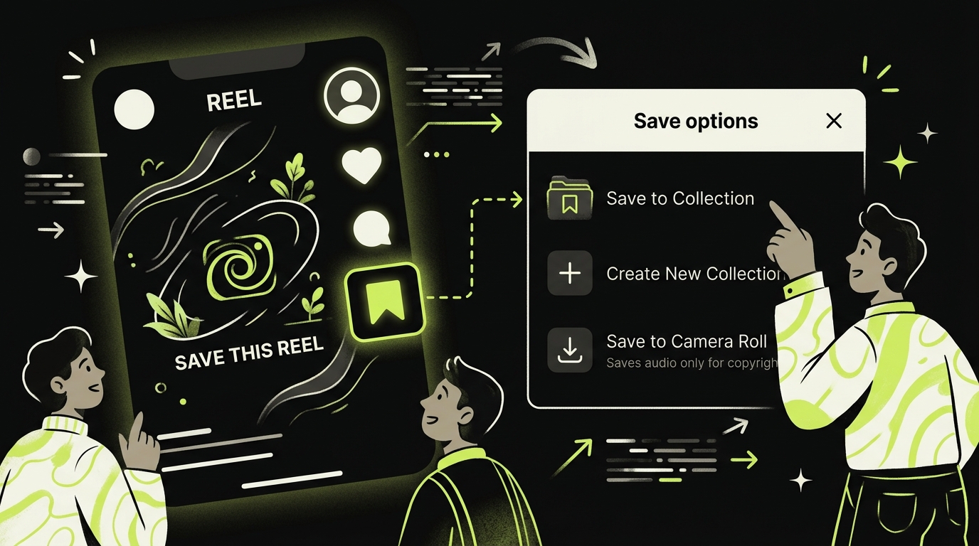 Instagram Save button and bookmark icon on a Reel post, showing in-app video save options