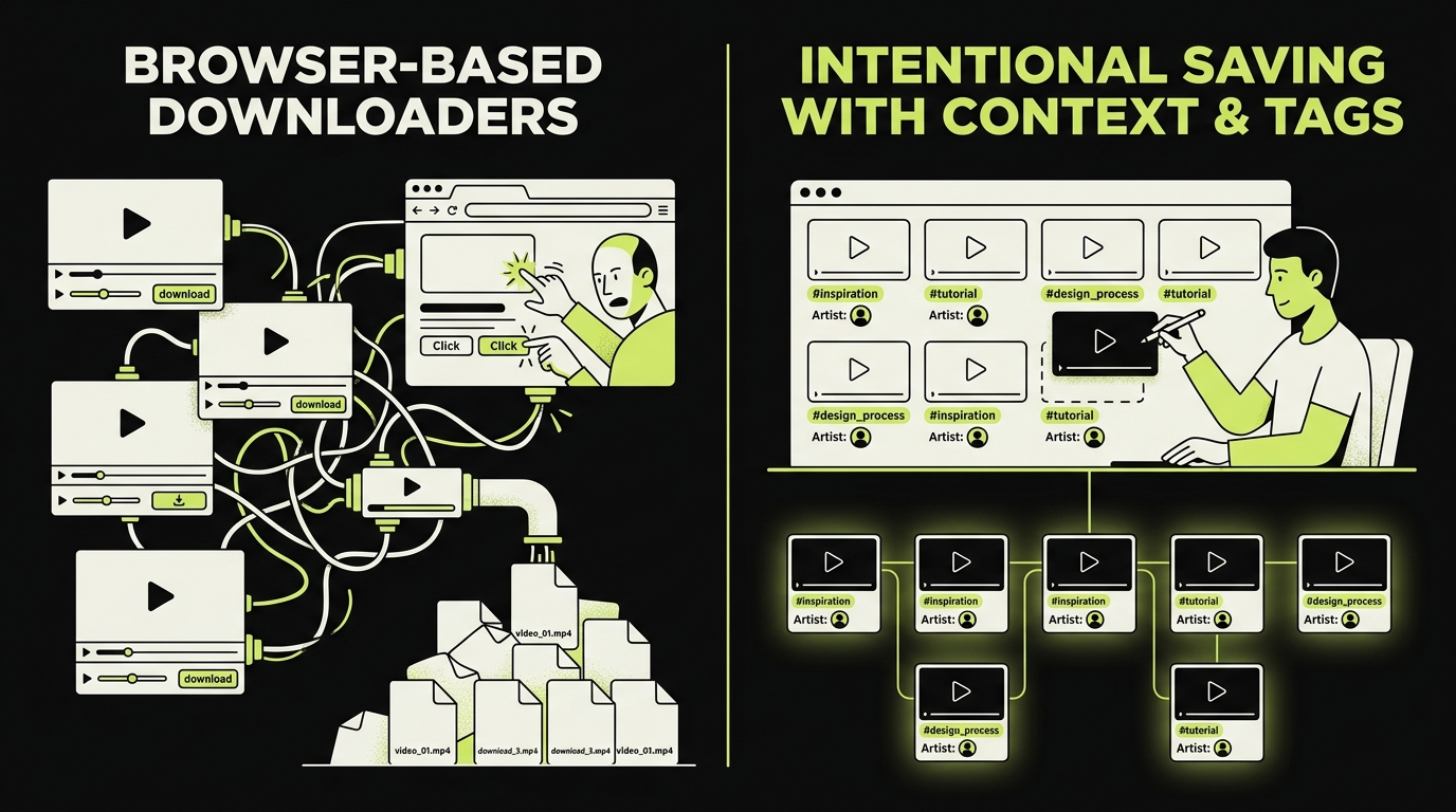 Comparison of browser-based Instagram video download tools versus intentional saving with context and tags