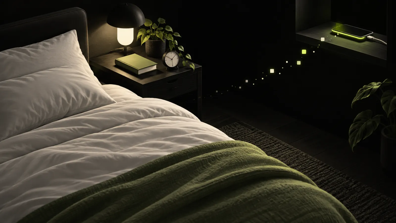 Calm nighttime illustration showing a phone moving away from a bed toward a charging shelf