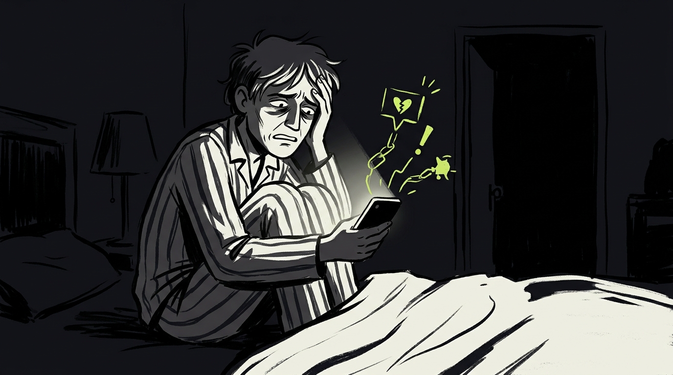 Personne anxieuse regardant son smartphone la nuit, illustrant l'impact de l'addiction téléphone sur la santé mentale