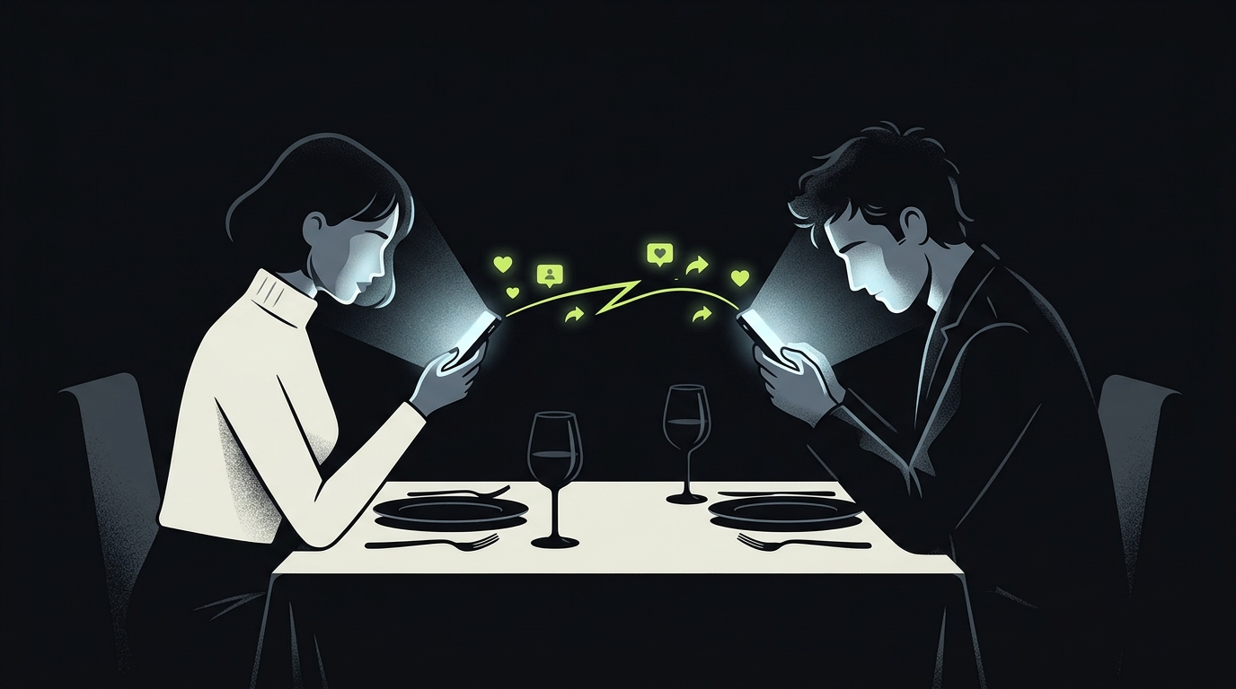 Couple à table, chacun absorbé par son smartphone, illustrant l'isolement social lié à la dépendance téléphone