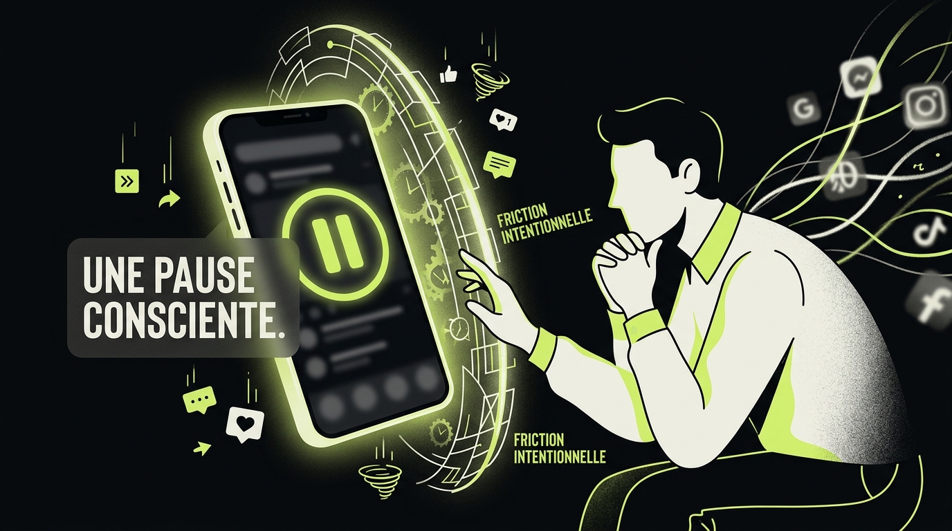 Illustration de la friction intentionnelle : une pause consciente avant d'ouvrir une app pour stopper le scroll compulsif