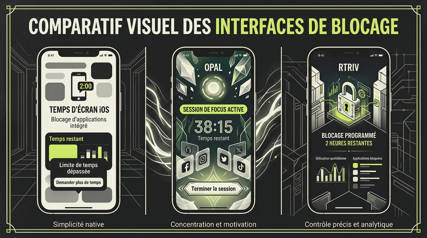 Comparatif visuel des interfaces de blocage : Temps d'écran iOS, Opal et Rtriv sur iPhone