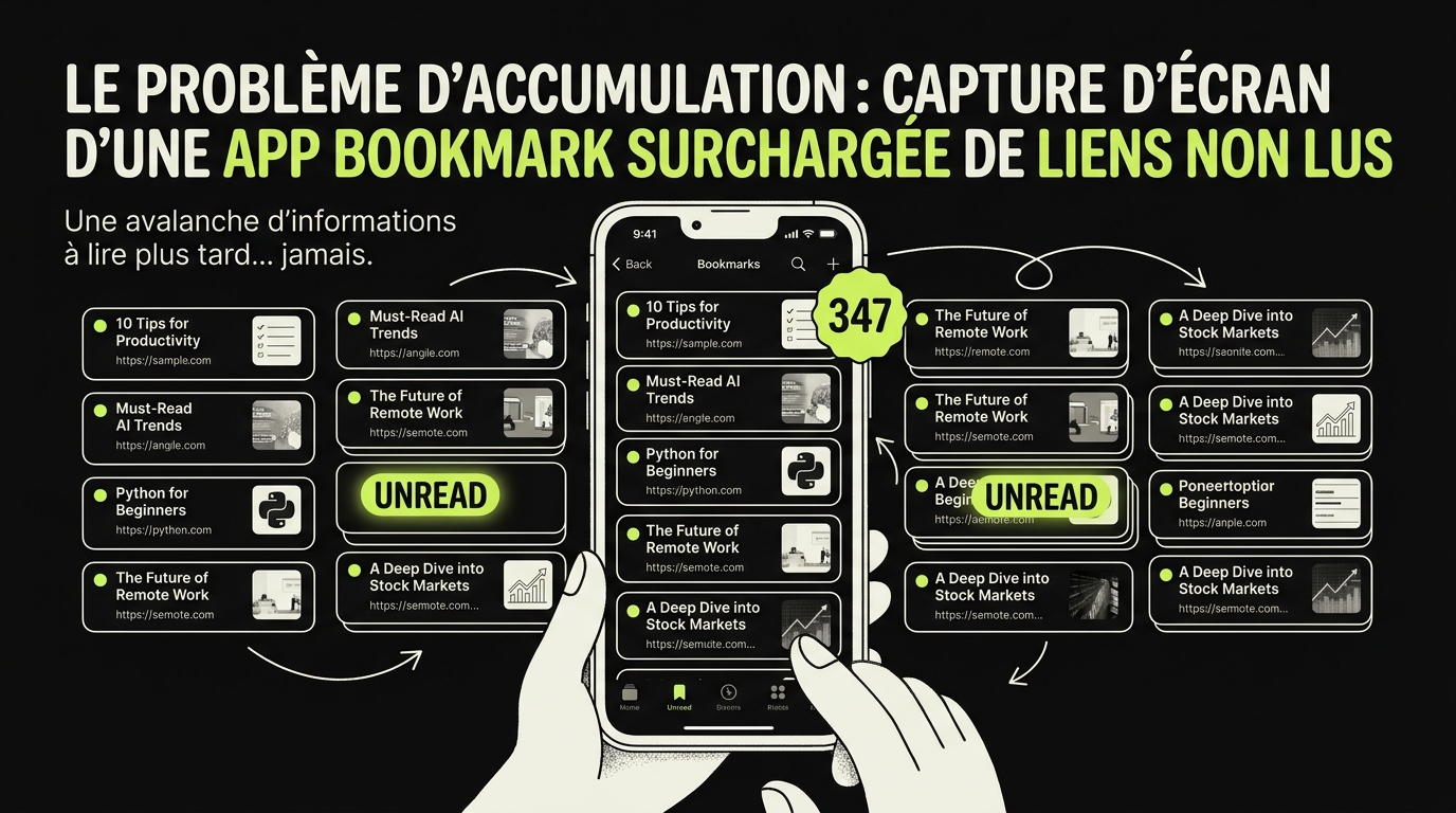 Capture d'écran d'une app bookmark iOS surchargée de liens non lus illustrant le problème d'accumulation