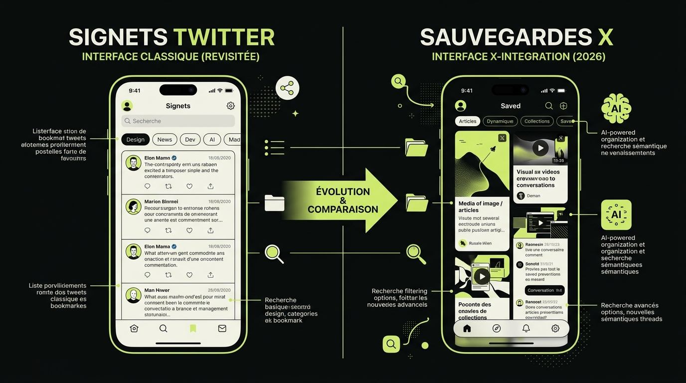 Comparatif visuel des interfaces de gestion de signets Twitter et sauvegardes X sur iPhone en 2026