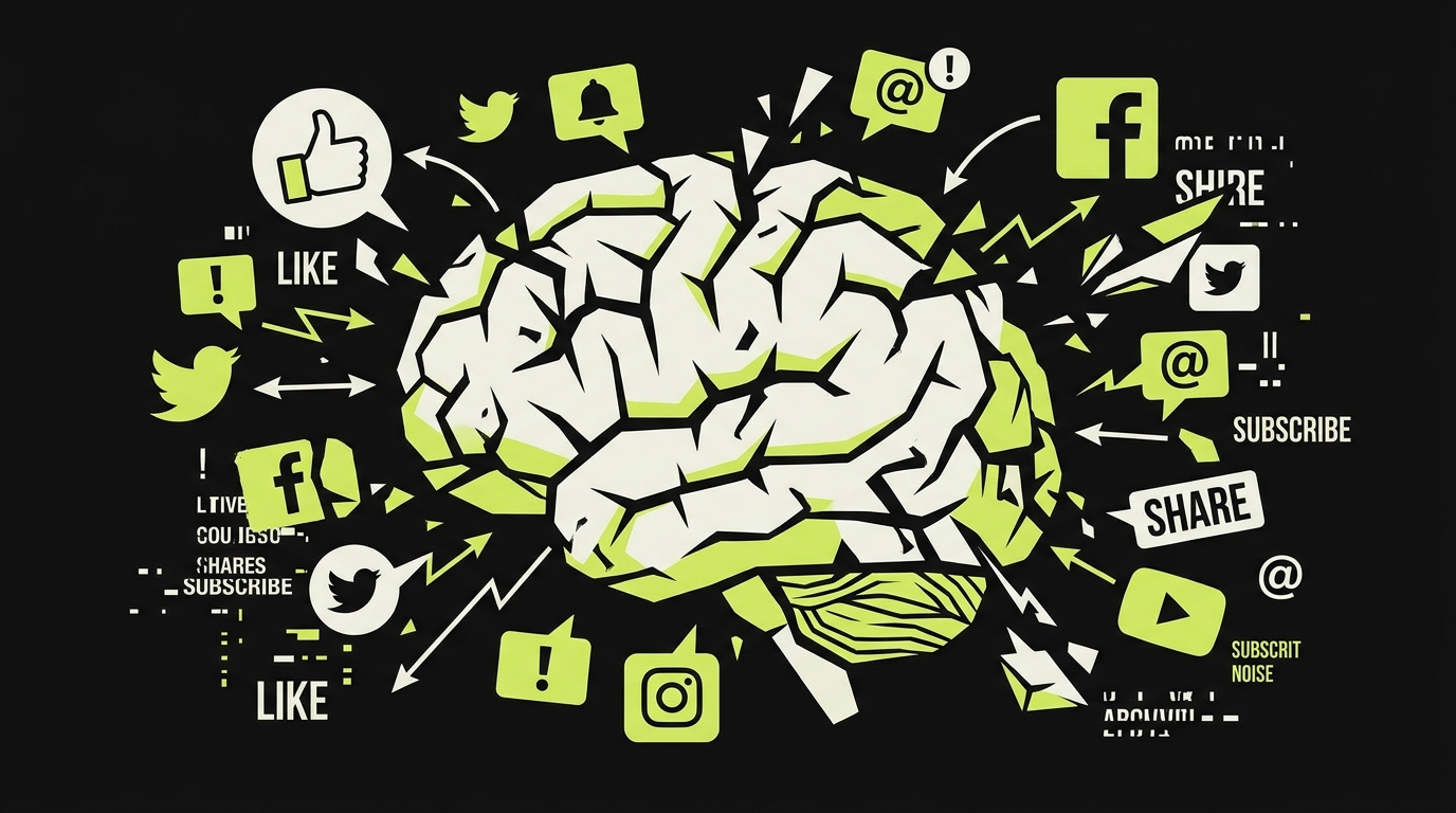 Illustration conceptuelle du brain rot : cerveau fragmenté entouré d'icônes de réseaux sociaux et notifications