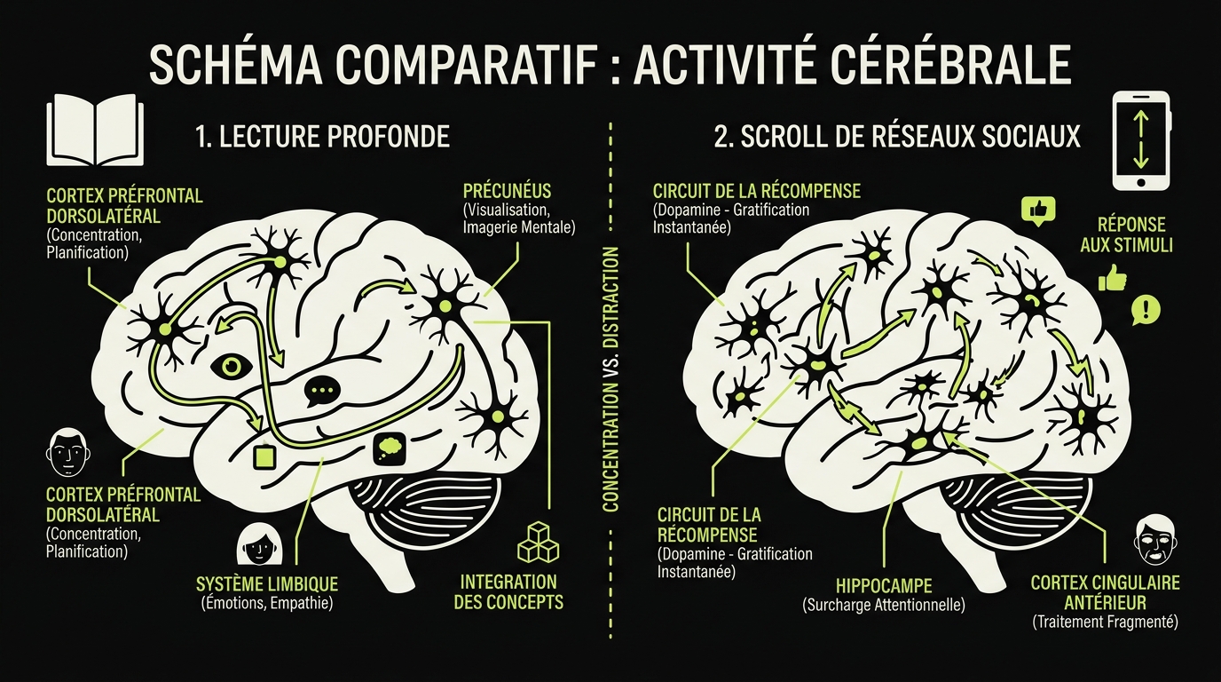 Schéma comparatif de l'activité cérébrale pendant la lecture profonde versus le scroll de contenu court sur smartphone