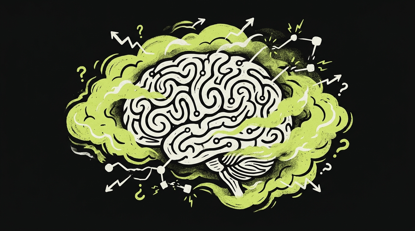 Illustration d'un cerveau humain entouré d'un brouillard symbolisant le cerveau embrumé et la confusion cognitive