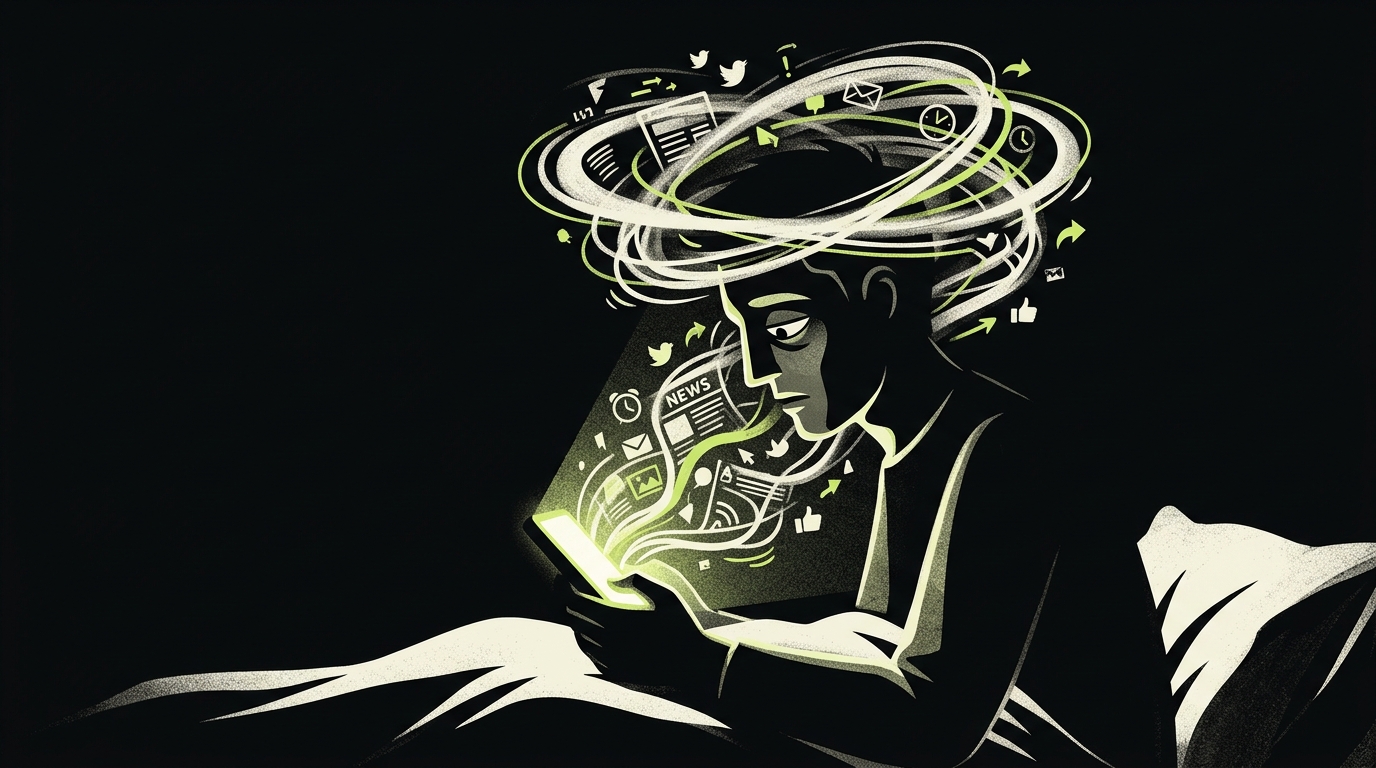 Personne regardant son smartphone dans l'obscurité, illustrant l'impact du scroll nocturne sur la brume cérébrale