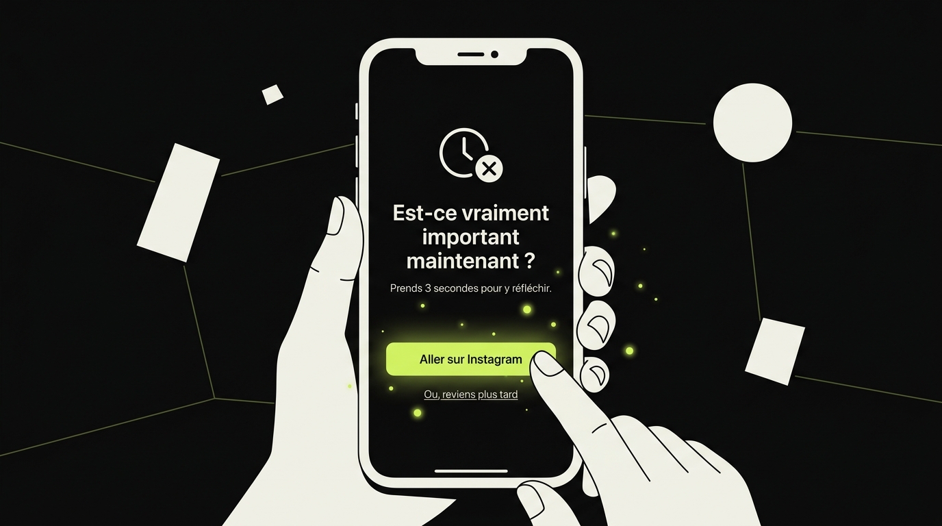 Écran de friction de la Clearspace app sur iPhone avant l'ouverture d'Instagram, interface minimaliste