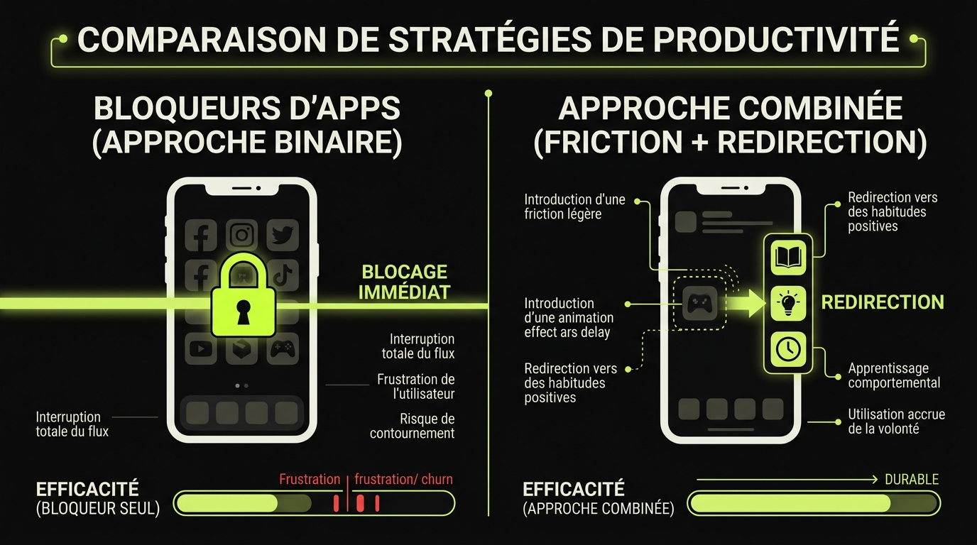 Graphique comparant l'efficacité des bloqueurs d'apps versus les approches combinant friction et redirection comportementale