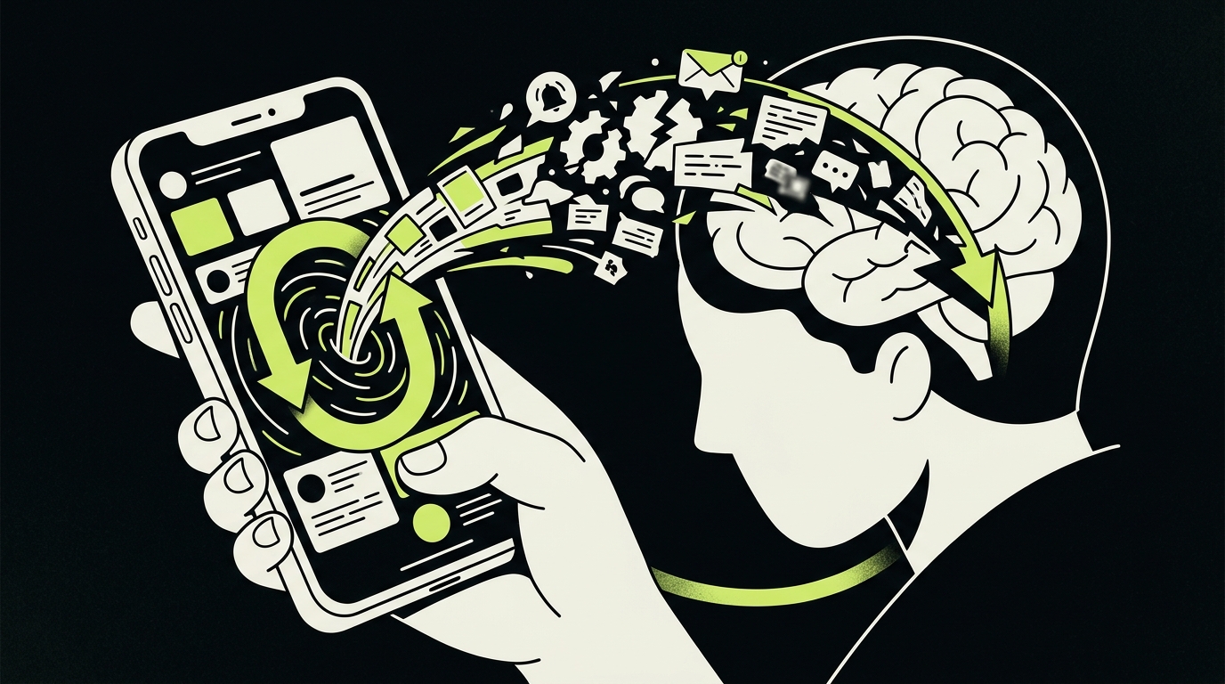 Représentation du cycle de scroll compulsif sur iPhone et son impact cognitif