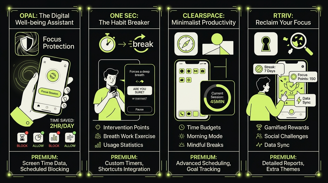 Tableau comparatif des apps anti-scroll iOS : Opal, One Sec, Clearspace et Rtriv côte à côte