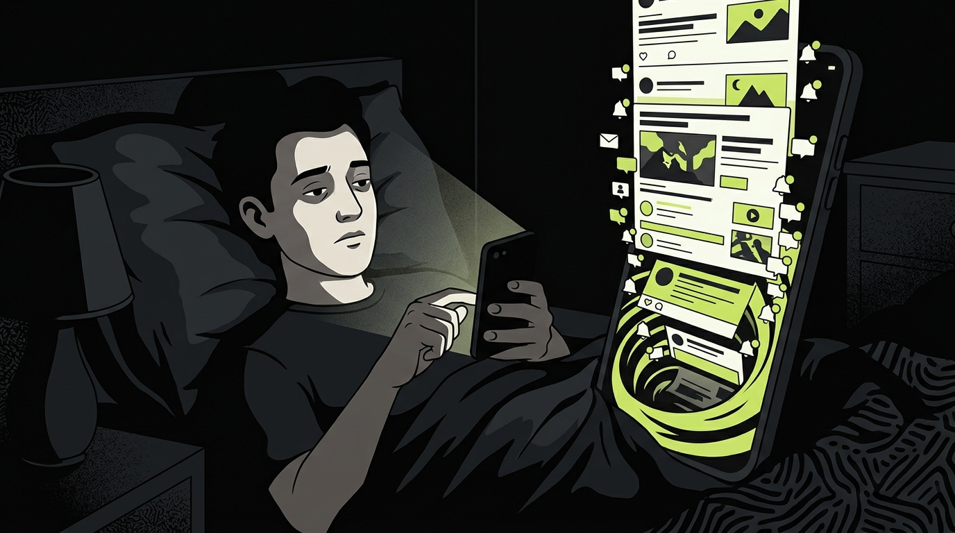 Personne tenant un smartphone dans l'obscurité, visage éclairé par l'écran, illustrant le doomscrolling nocturne