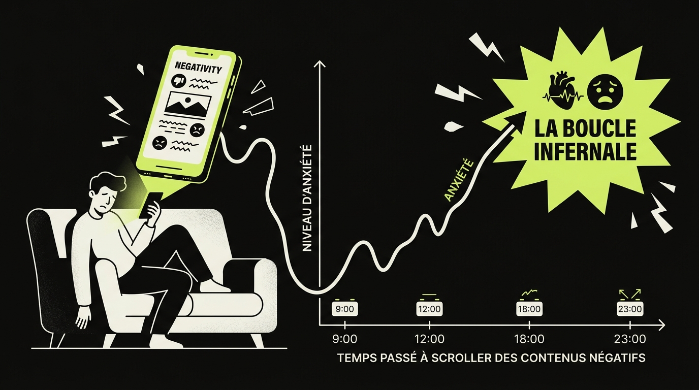 Graphique illustrant l'augmentation de l'anxiété en lien avec le temps passé à scroller des contenus négatifs