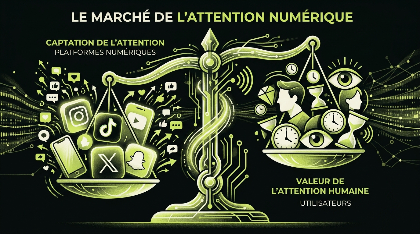 Représentation graphique du marché de l'attention numérique avec des icônes de réseaux sociaux et une balance symbolisant l'économie de l'attention
